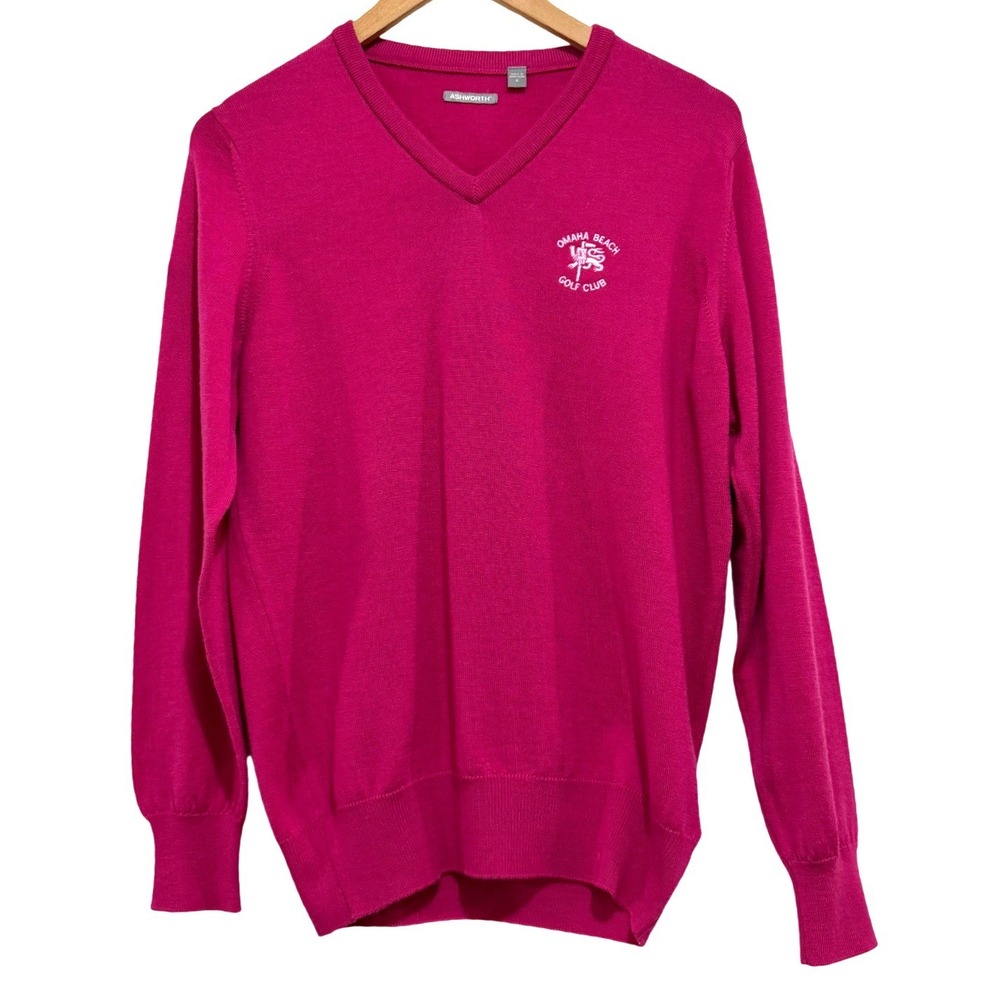 Ashworth Mens Small 100% Merino Wool Pink Omaha Beach Golf Club V-Neck Sweater‎